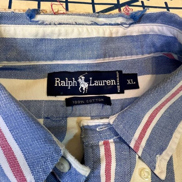 Vtg Ralph Lauren Oxford Shirt Mens L Striped Button Down Blue Red Flesh Pony - Picture 10 of 12